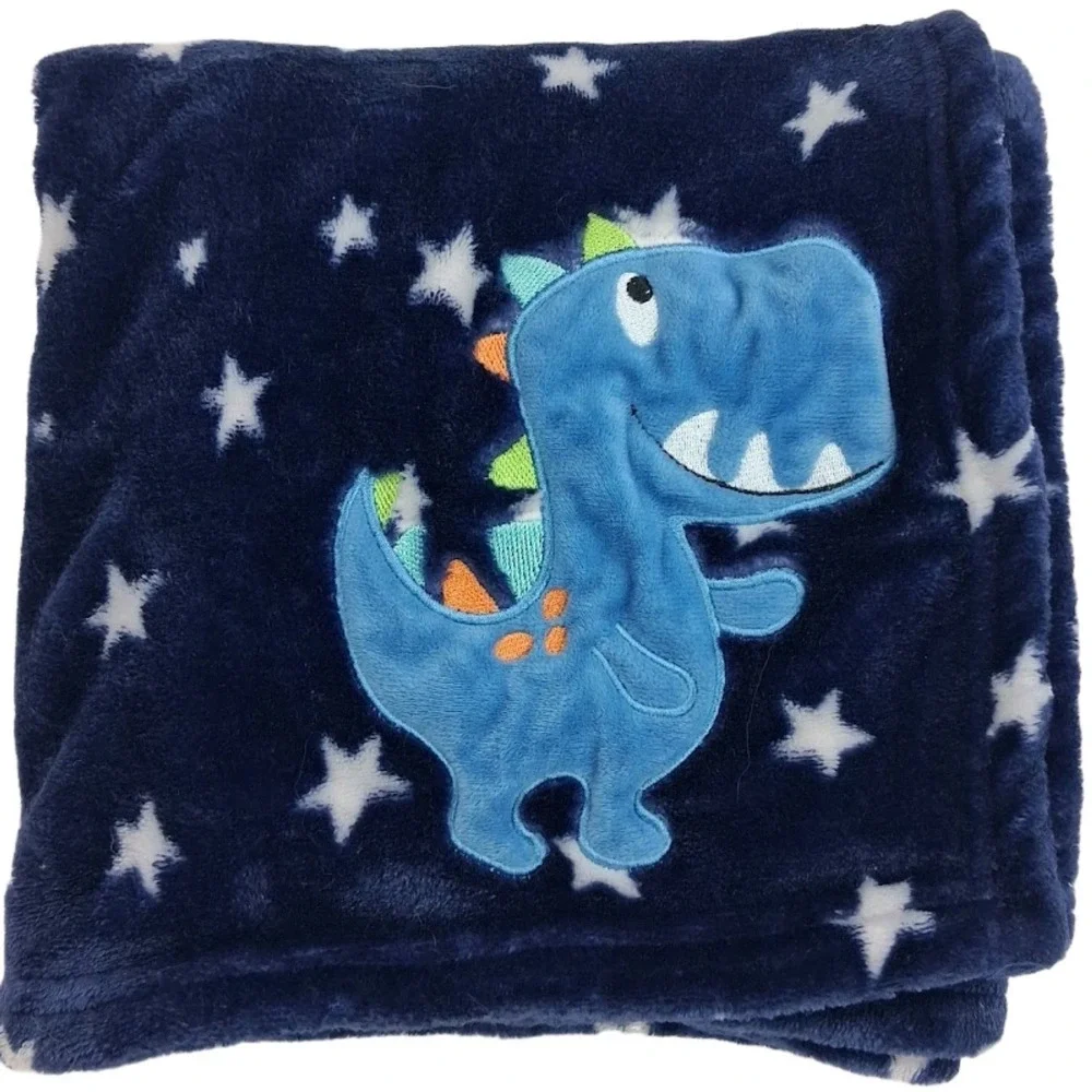 Baby Essentials Blue Dinosaur Star Blanket Soft Fleece Boy Lovey Security EUC